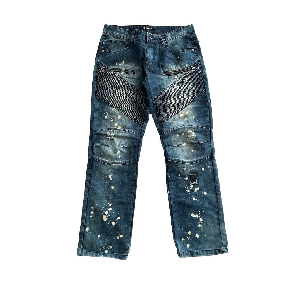 Black Premium Mens Blue Denim Zip Ribbed Skinny Biker‎ Jeans Fit 32x30